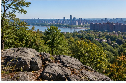 Wooded overlook with city and river beyond