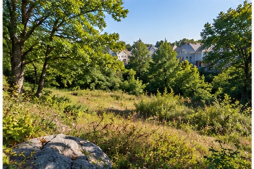 Open meadow and trees beside a neighborhood