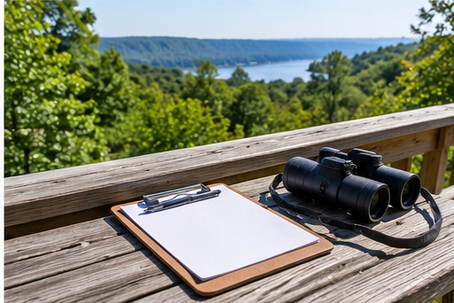 Binoculars and clipboard overlooking wooded hills and water